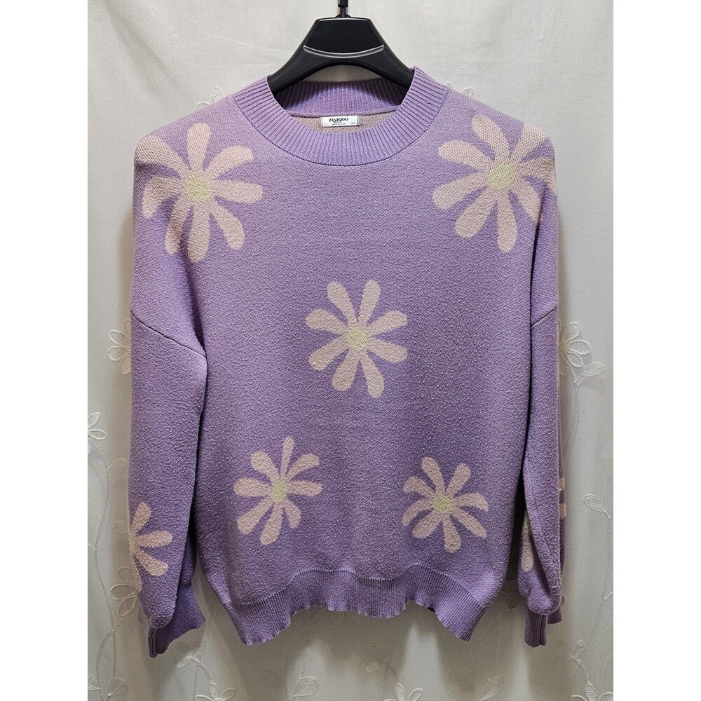 Zeagoo Womens XXL Purple Sweater Daisy Floral Grandmacore Retro Boho Bold Artsy